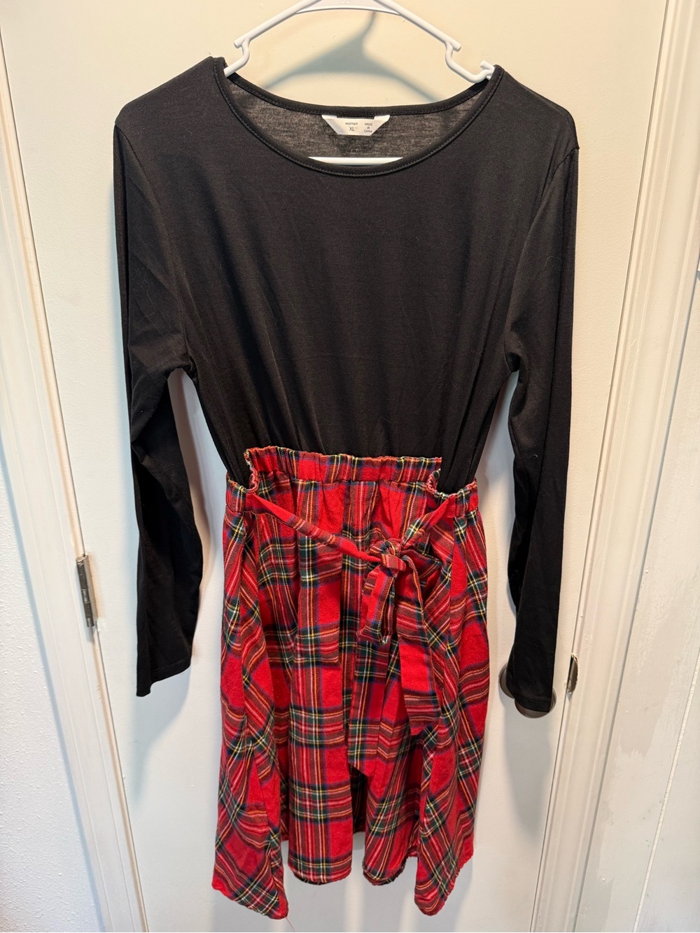 Black dress with Red Plaid Tie-Waist Skirt